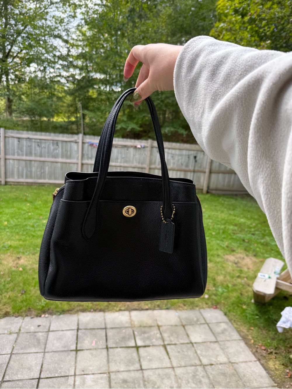 Coach Lora Carryall 30 Black Pebbled Leather Shoulder Bag with Gold Hardware